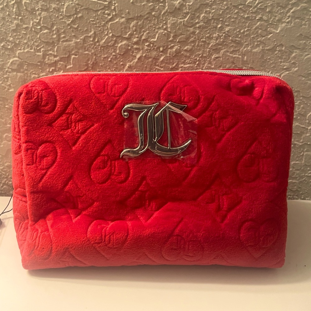 Juicy Couture Red Velvet Cosmetic Top Zip Bag with 1 Travel Bottle